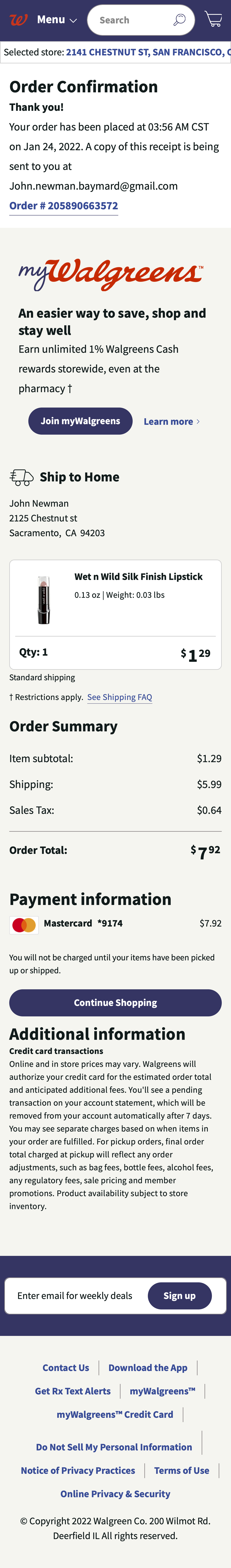 Walgreens’ Mobile Receipt / Order Confirmation 148 of 504 Receipt / Order Confirmation