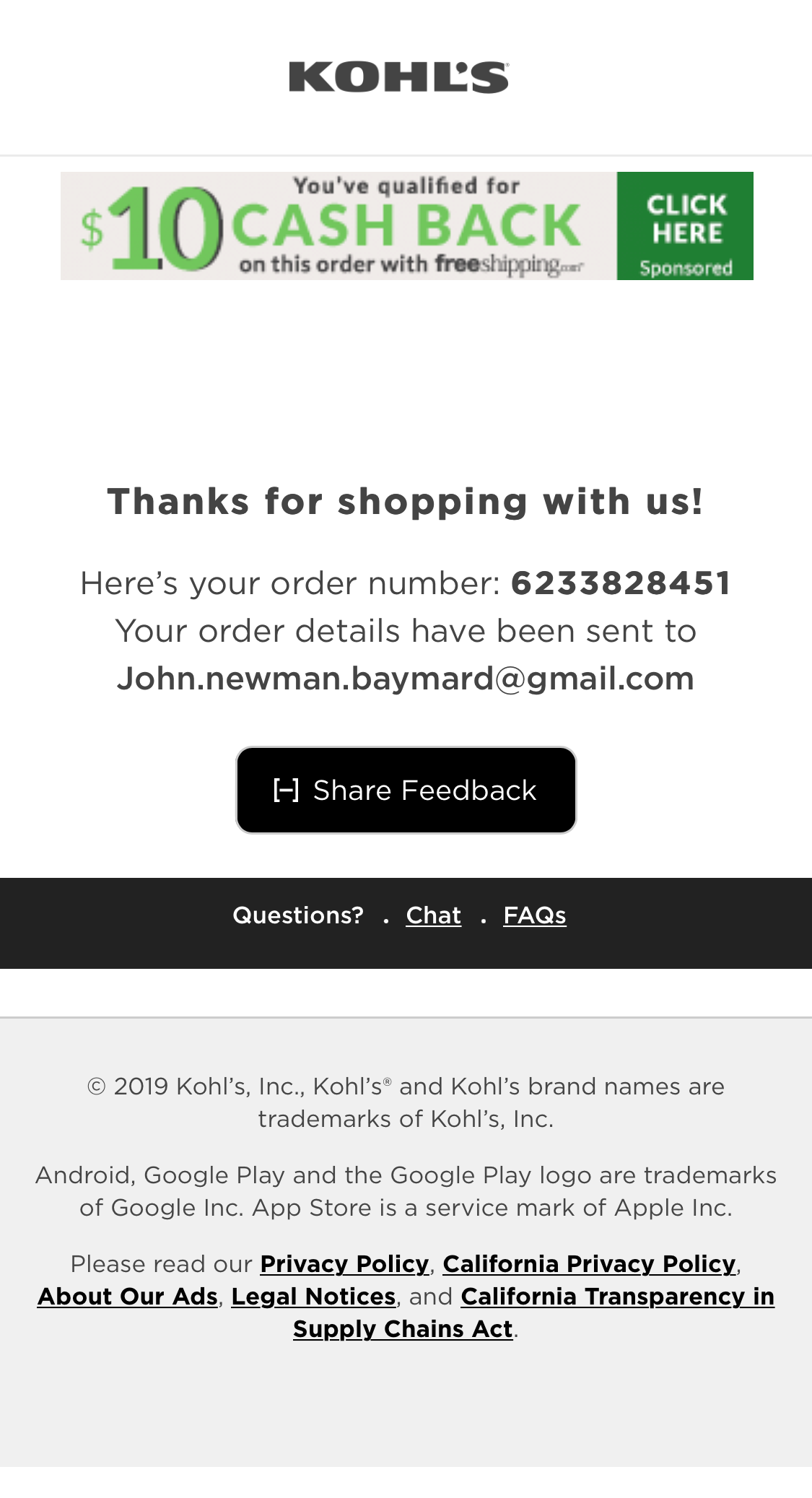 Kohl’s Mobile Receipt / Order Confirmation 141 of 522 Receipt / Order