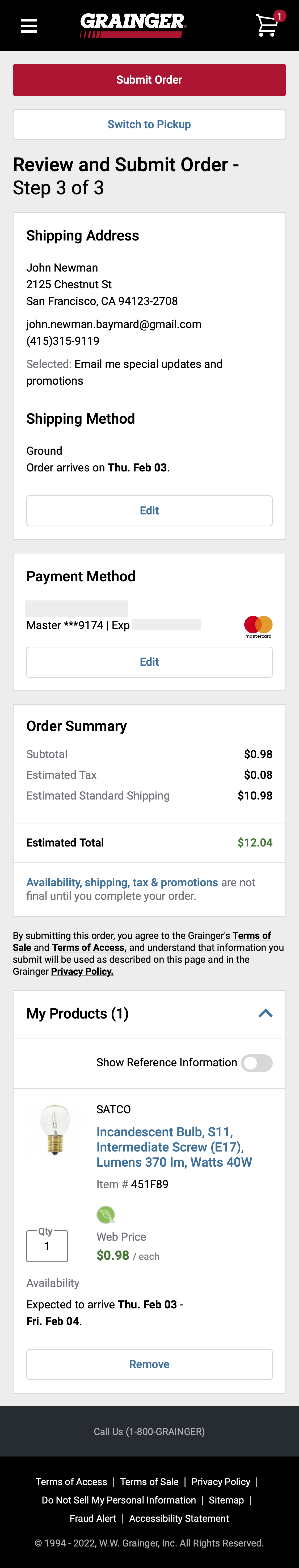 Grainger’s Mobile Review Order 90 of 536 Review Order Examples