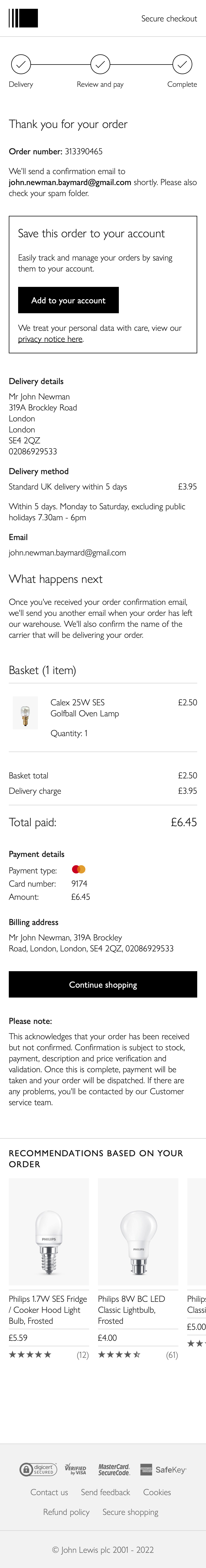 John Lewis’ Mobile Receipt / Order Confirmation 262 of 656 Receipt