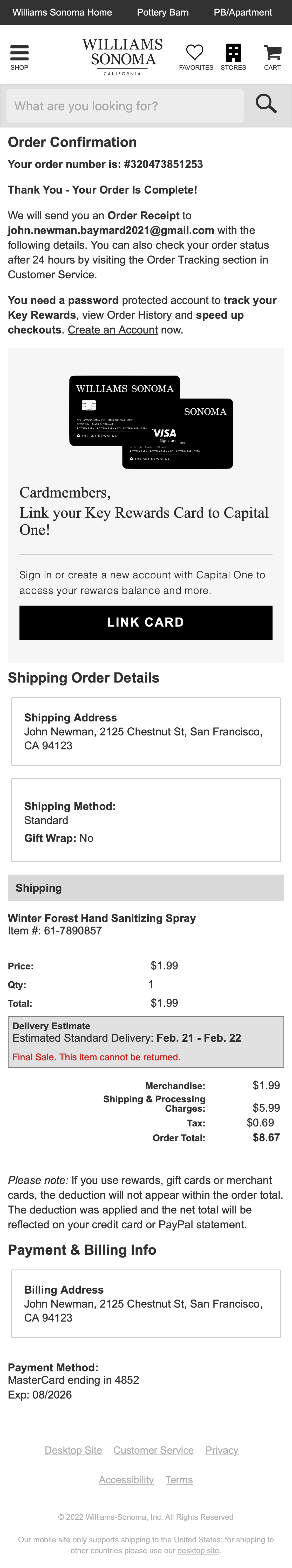 Williams Sonoma’s Mobile Receipt / Order Confirmation – 66 of 480