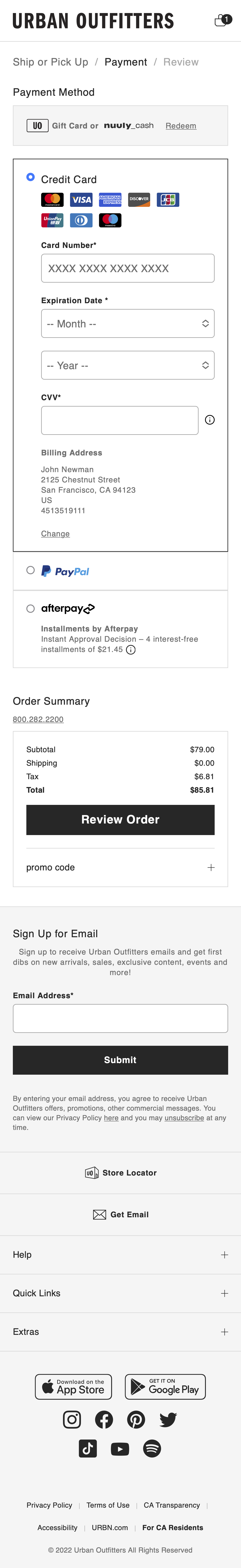 Urban Outfitters’ Mobile Payment 252 of 915 Payment Examples