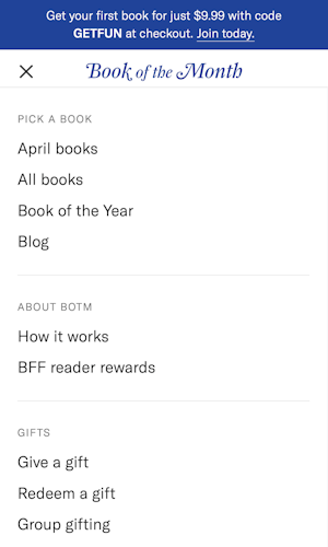 Mobile screenshot of Book of the Month