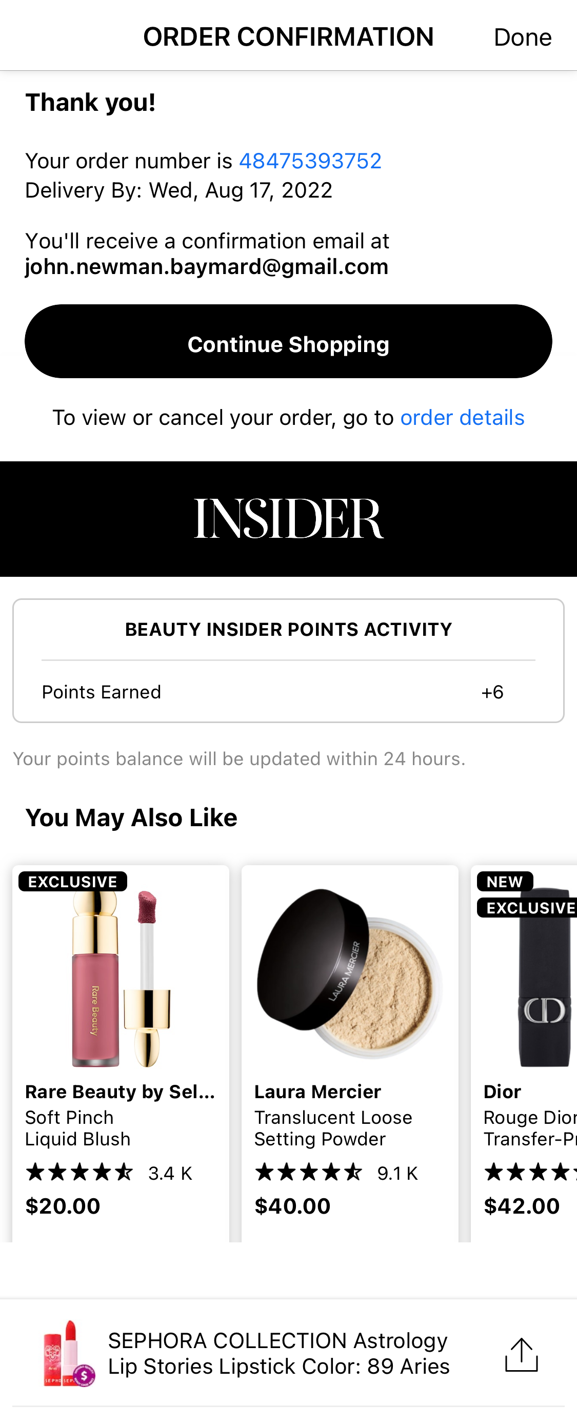 Sephora’s App Receipt / Order Confirmation 113 of 541 Receipt / Order