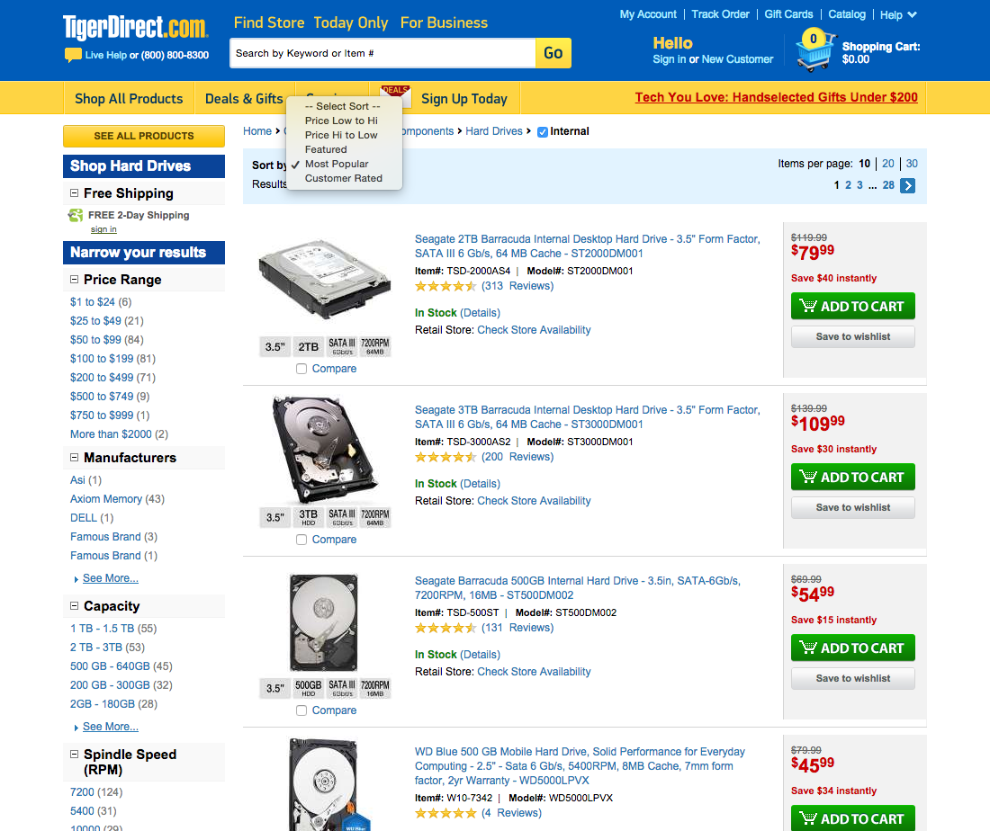 TigerDirect’s Sorting Tool 439 of 459 Sorting Tool Examples Baymard