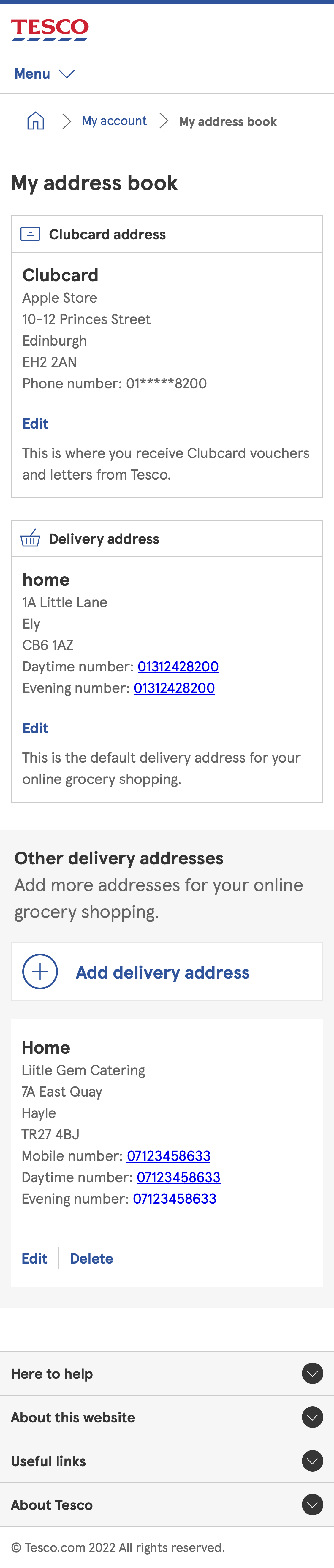 Tesco’s Mobile Address Book 200 of 428 Address Book Examples