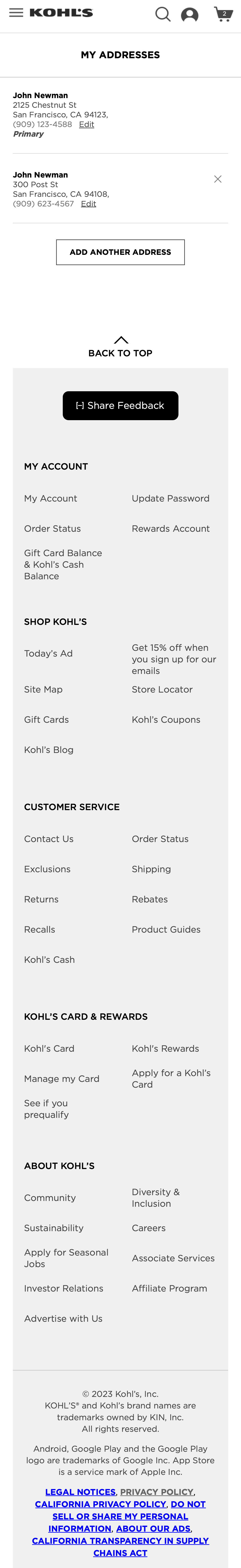 Kohl’s Mobile Address Book 168 of 428 Address Book Examples Baymard