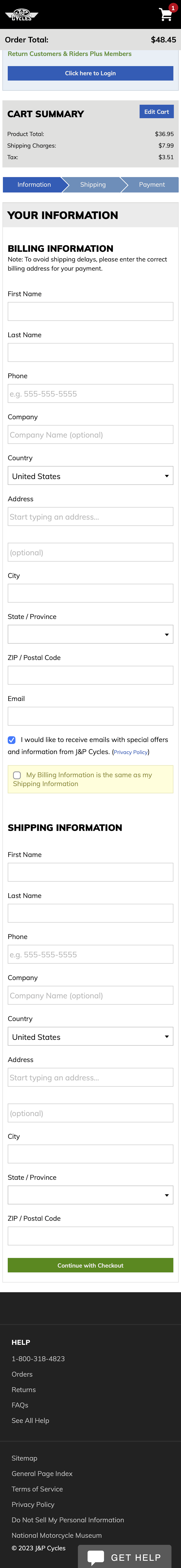 Mobile screenshot of J&P Cycles