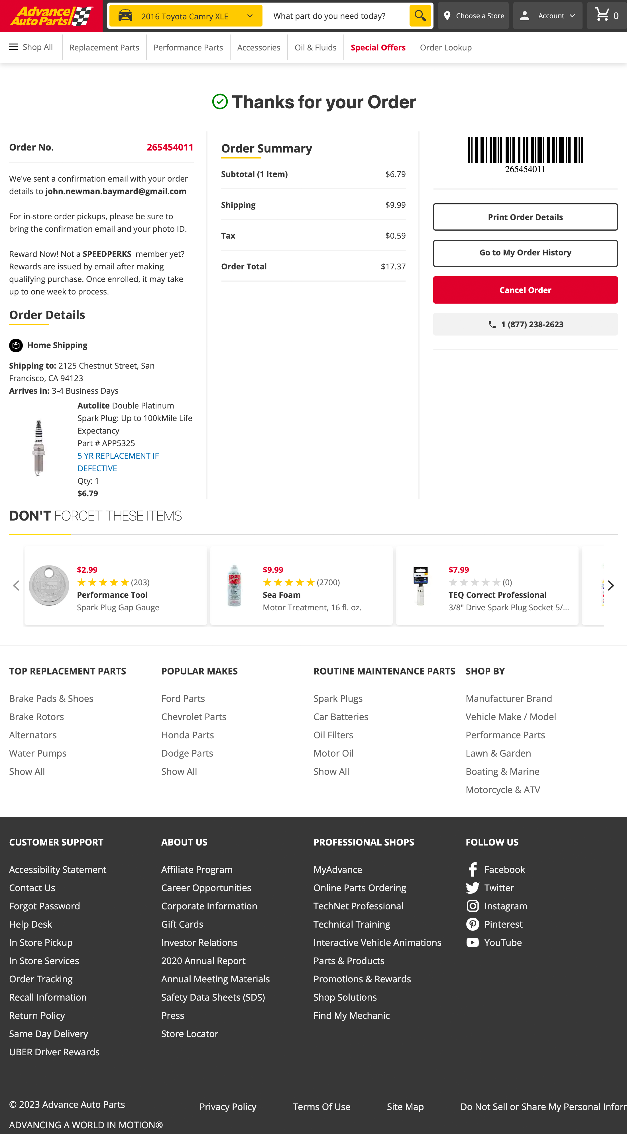 Advance Auto Parts’ Receipt / Order Confirmation 180 of 646 Receipt