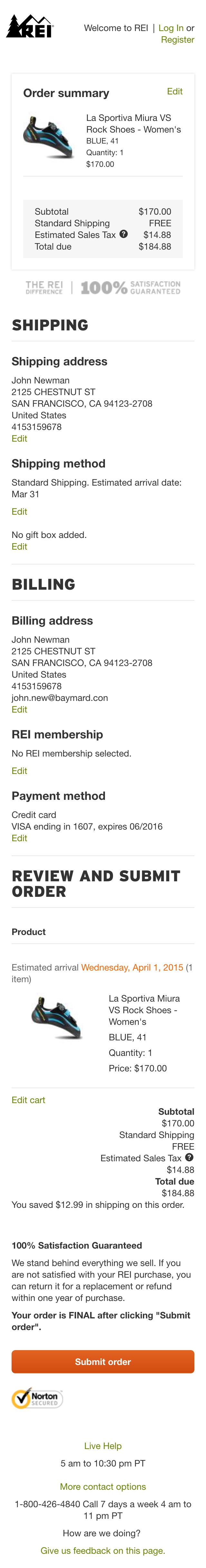 REI’s Mobile Review Order 391 of 520 Review Order Examples Baymard Institute