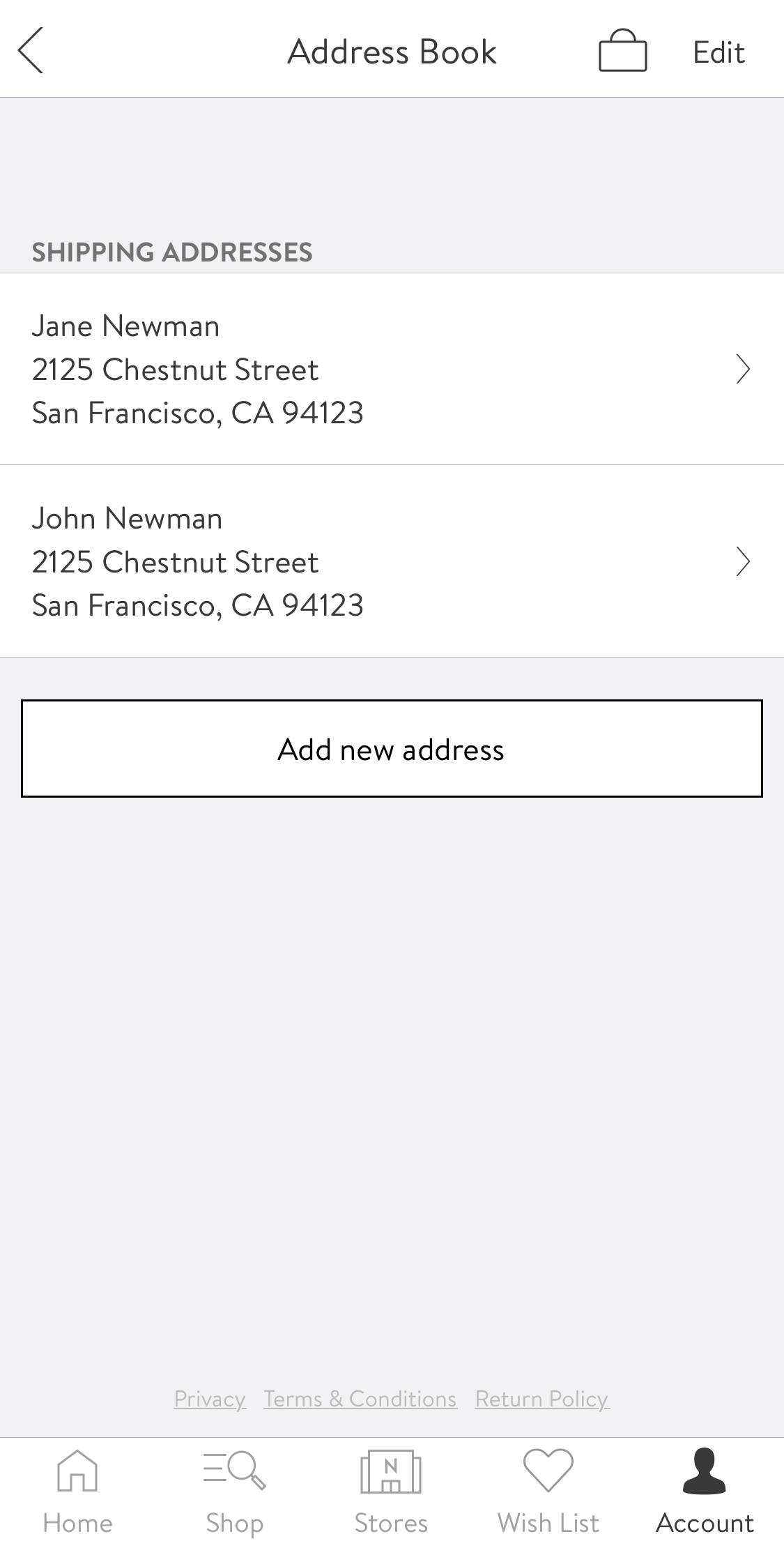 Nordstrom’s App Address Book 131 of 377 Address Book Examples