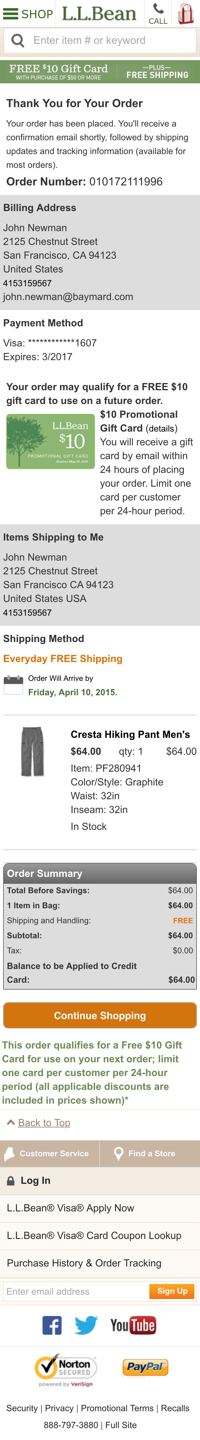 L.L. Bean’s Mobile Receipt / Order Confirmation 441 of 445 Receipt