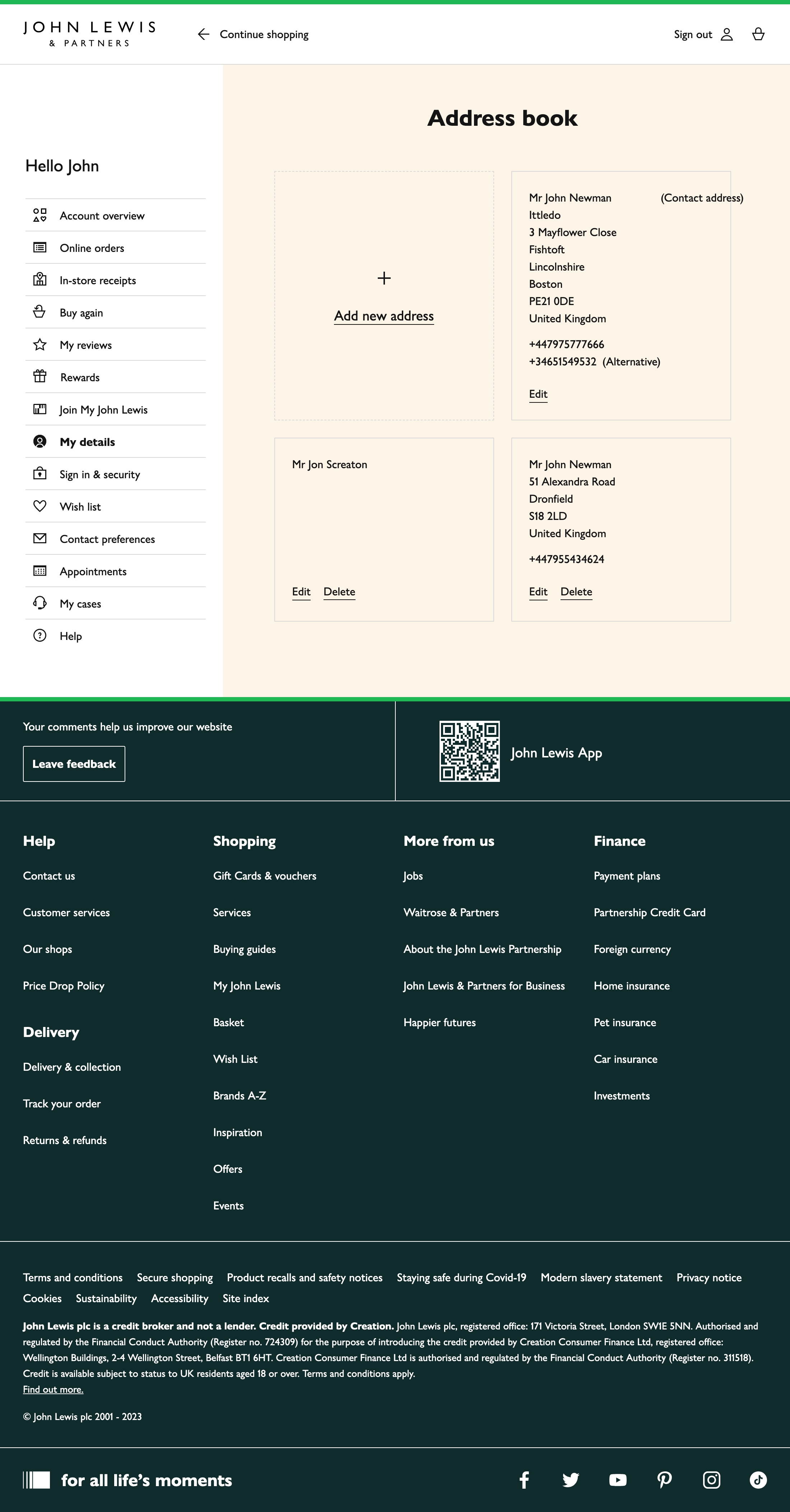 John Lewis’ Address Book 79 of 428 Address Book Examples Baymard