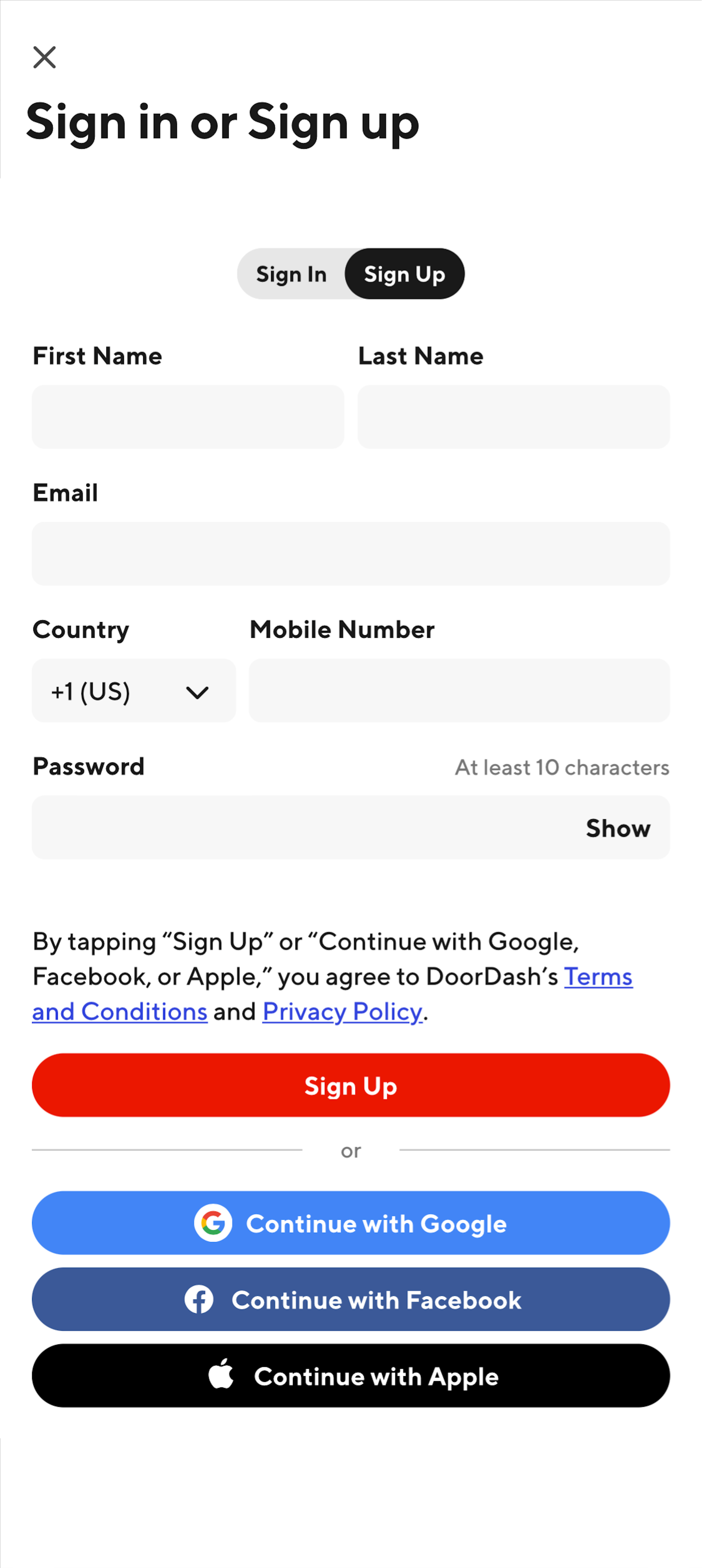 Mobile screenshot of DoorDash
