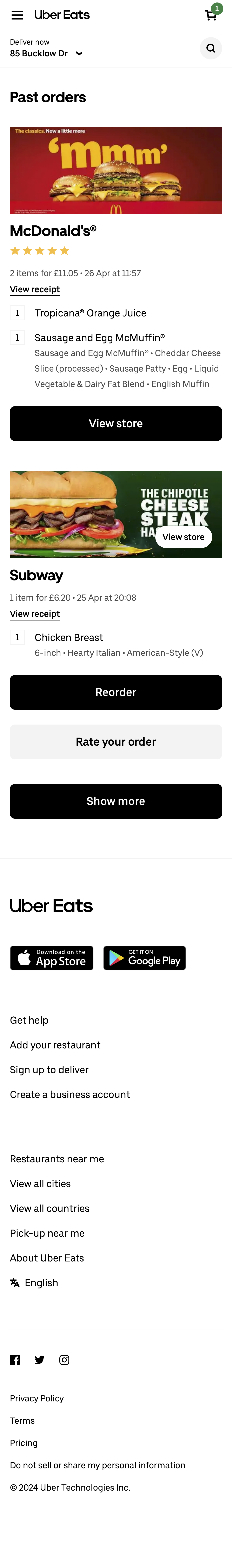Mobile screenshot of Uber Eats