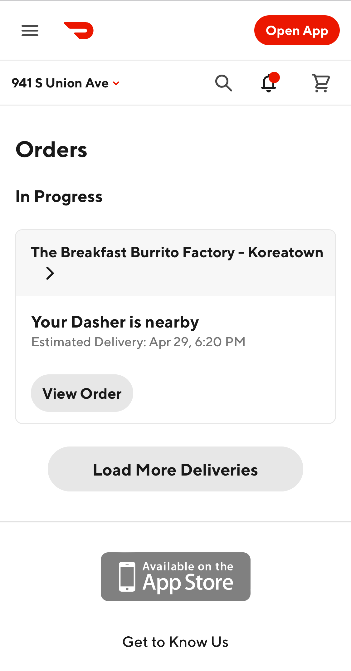 Mobile screenshot of DoorDash