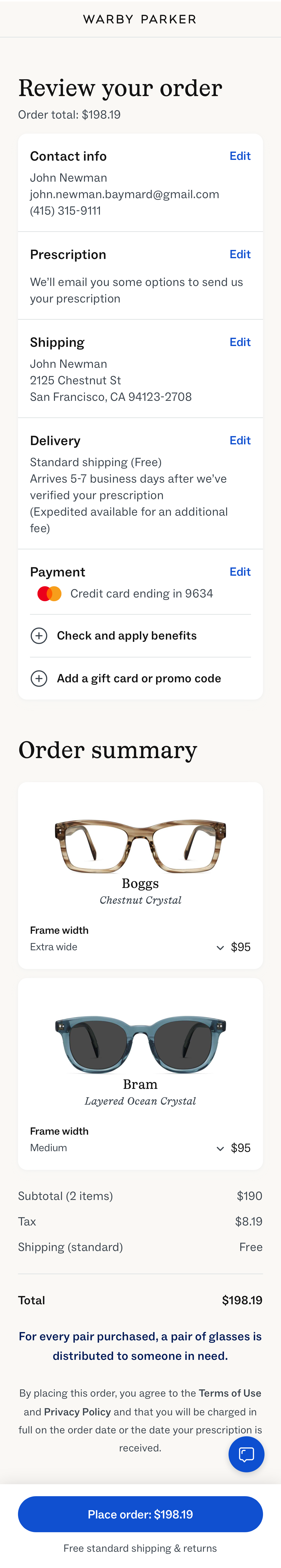 Mobile screenshot of Warby Parker