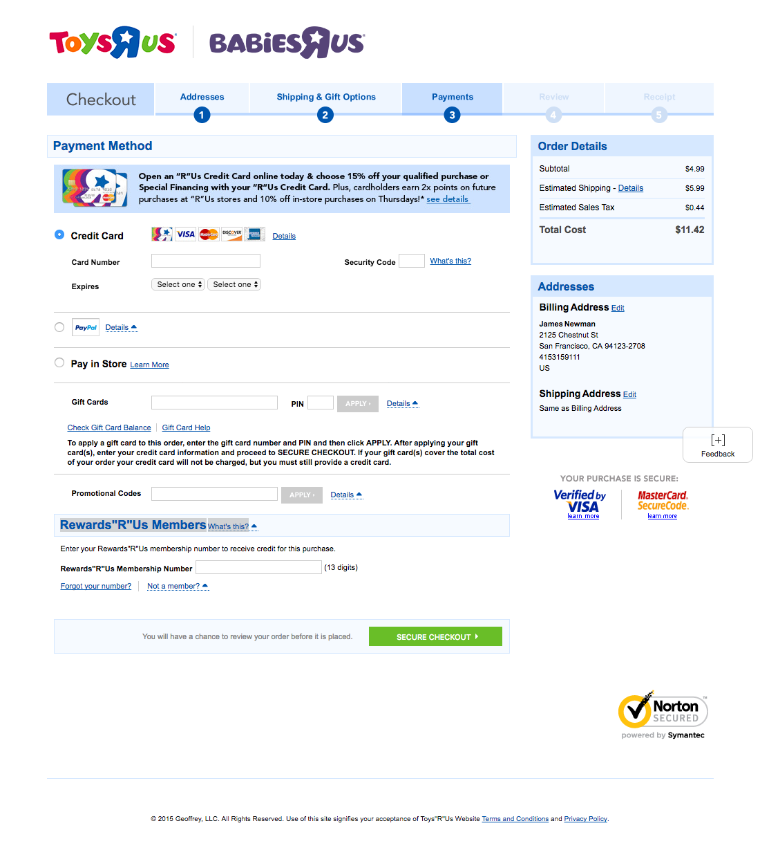 Toys'R'Us’ Payment 769 of 885 Payment Examples Baymard Institute