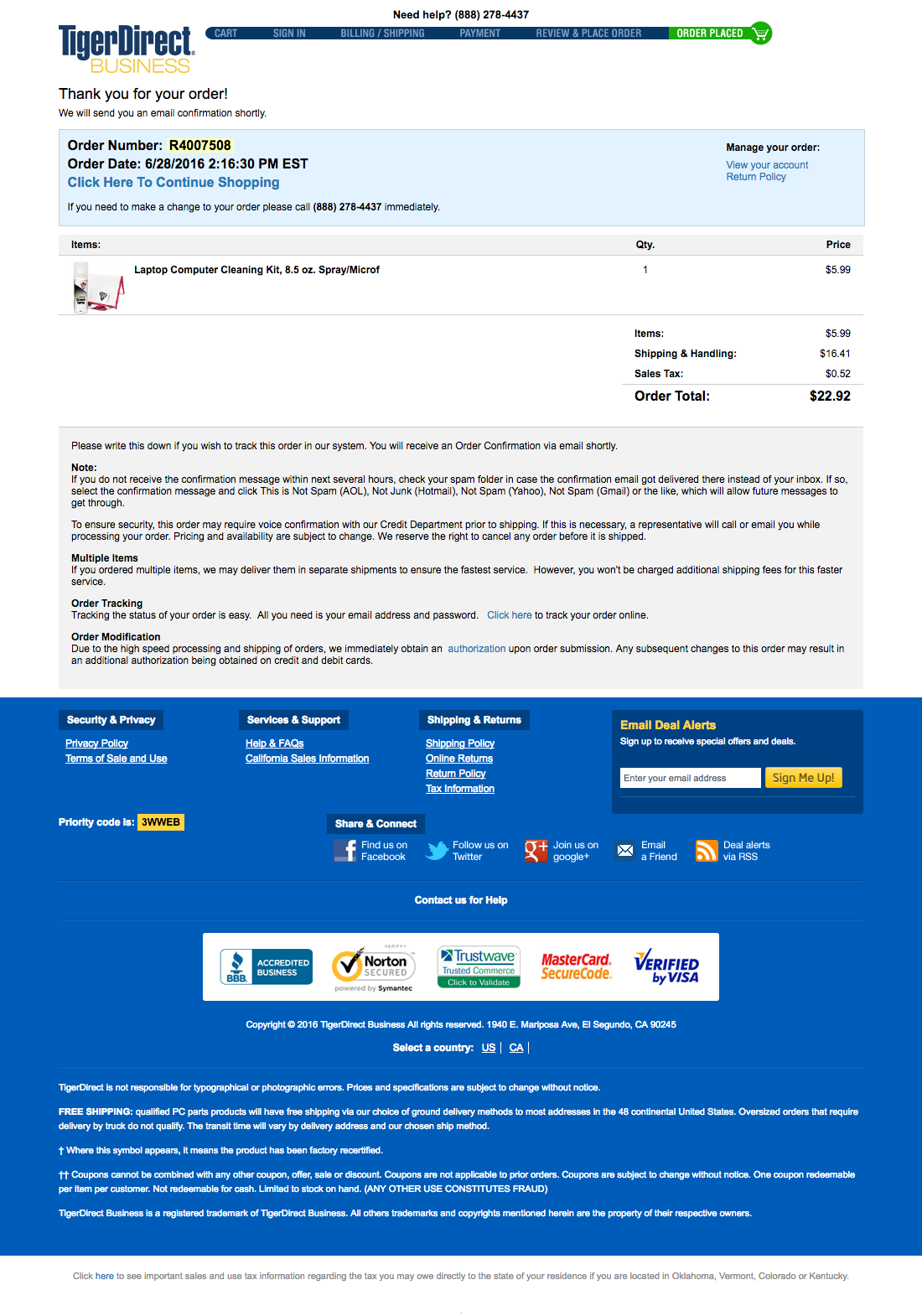 TigerDirect’s Receipt / Order Confirmation 546 of 577 Receipt / Order