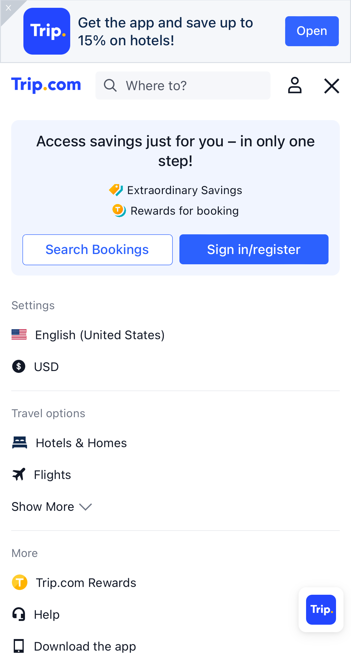 Mobile screenshot of Trip.com