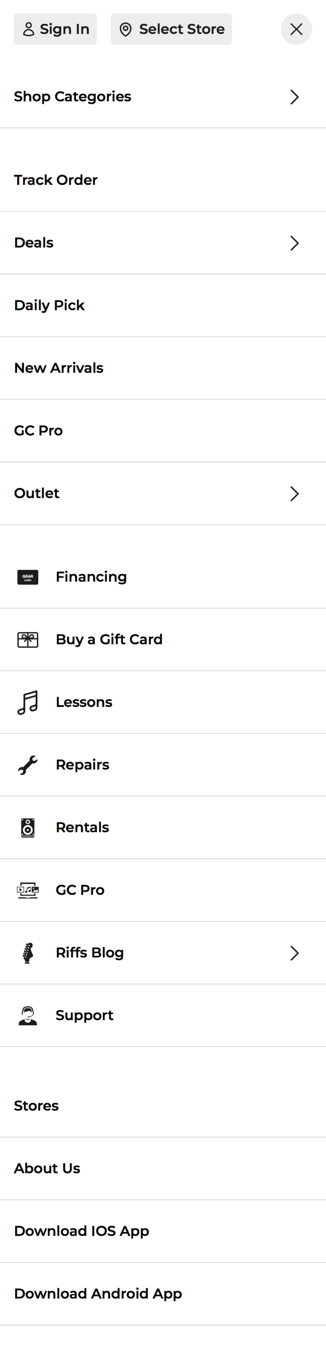 Mobile screenshot of Guitar Center