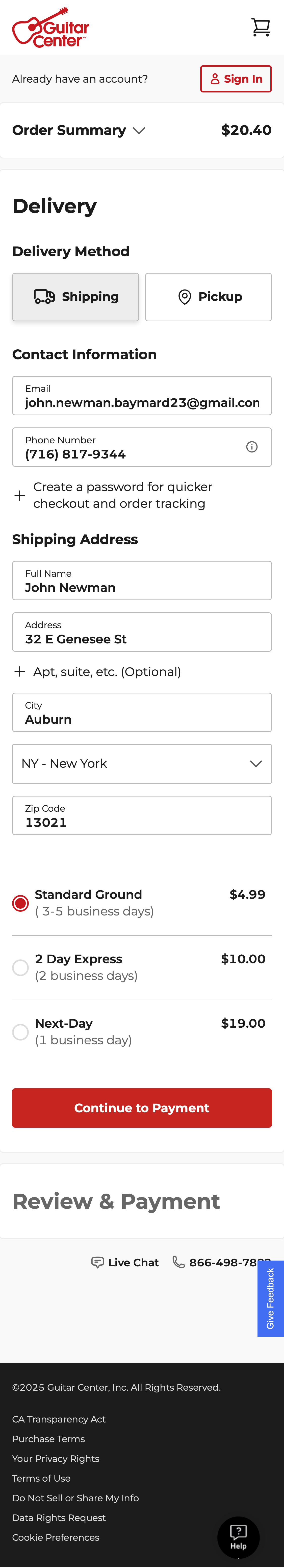 Mobile screenshot of Guitar Center