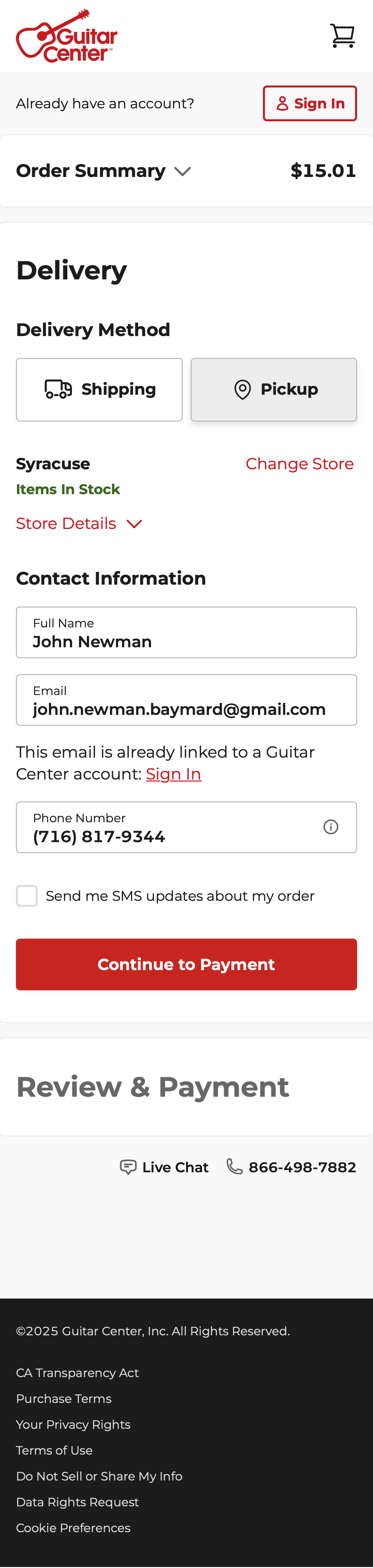 Mobile screenshot of Guitar Center