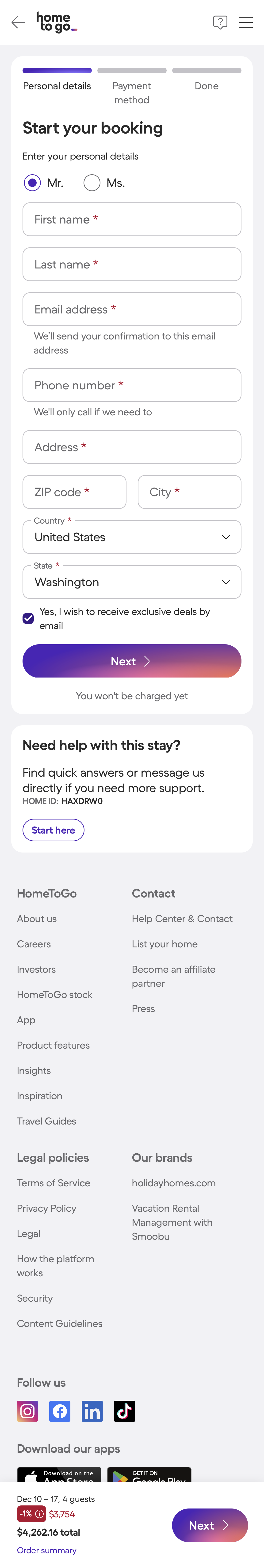 Mobile screenshot of HomeToGo