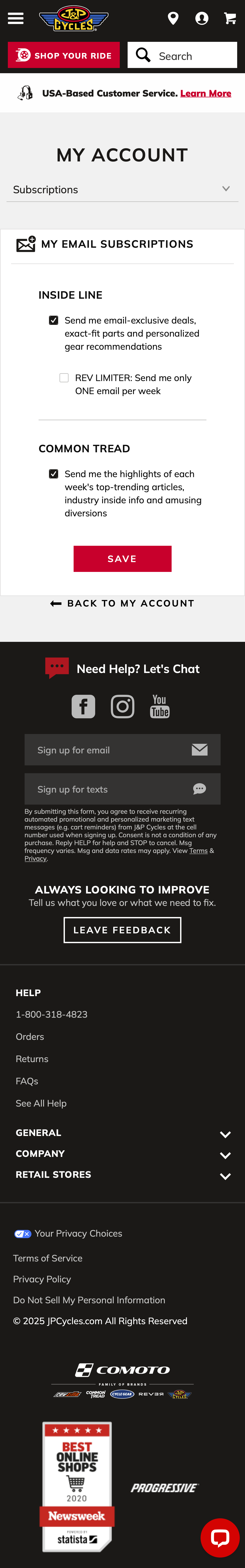 Mobile screenshot of J&P Cycles