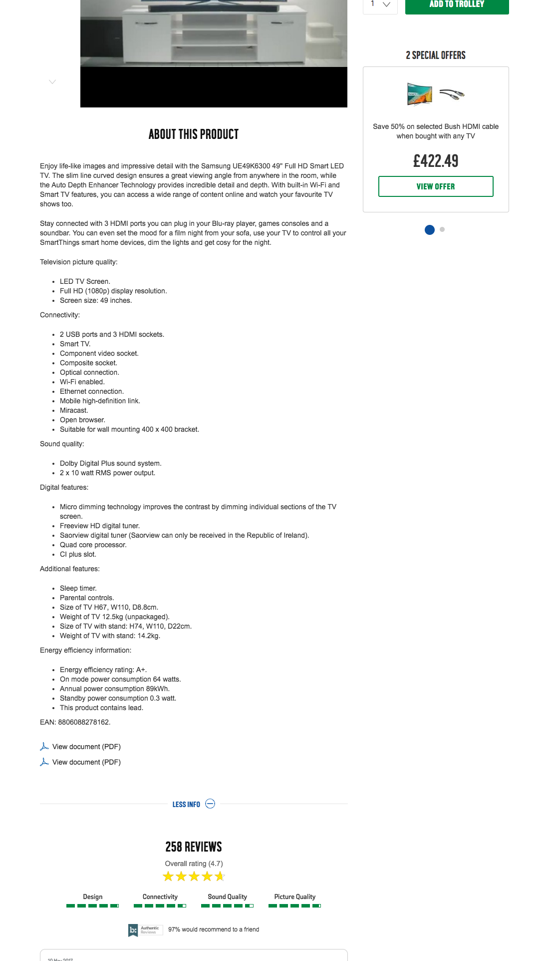 Argos’ Spec Sheet 256 of 291 Spec Sheet Examples Baymard Institute