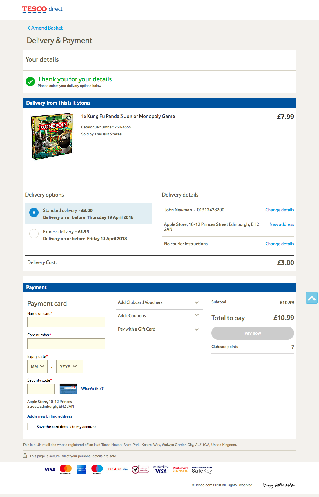 Tesco’s Payment 817 of 1013 Payment Examples Baymard Institute