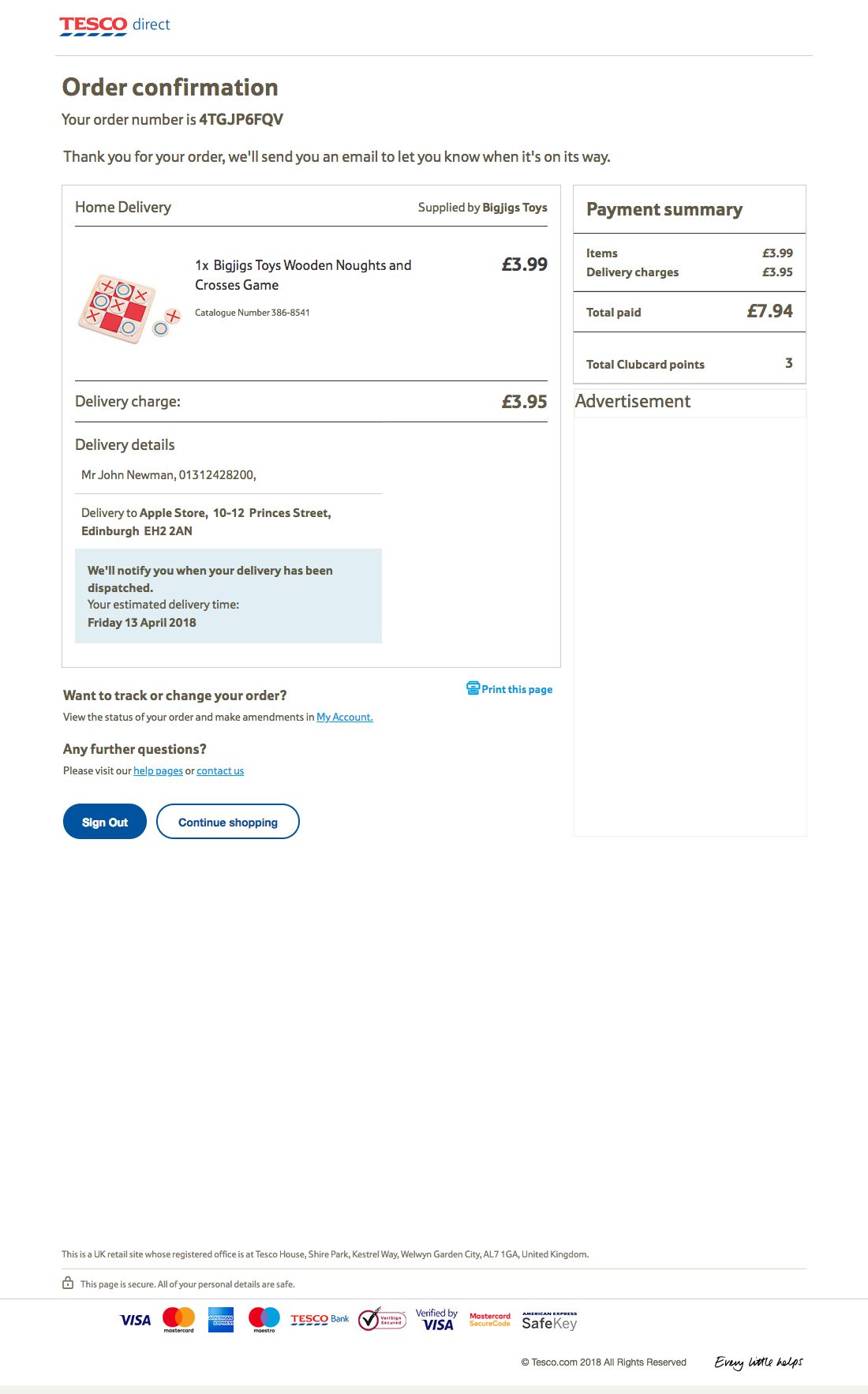 Tesco’s Receipt / Order Confirmation – 618 Of 656 Receipt / Order ...