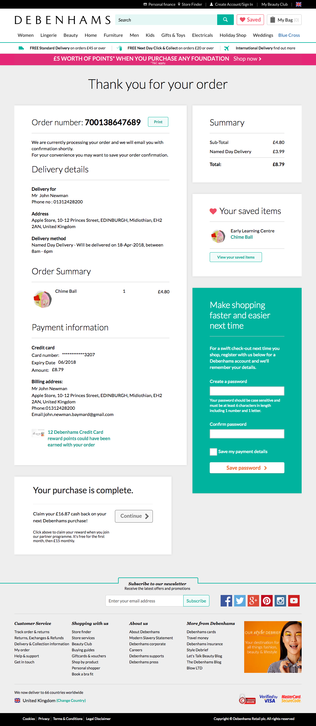 Debenhams’ Receipt / Order Confirmation 507 of 567 Receipt / Order
