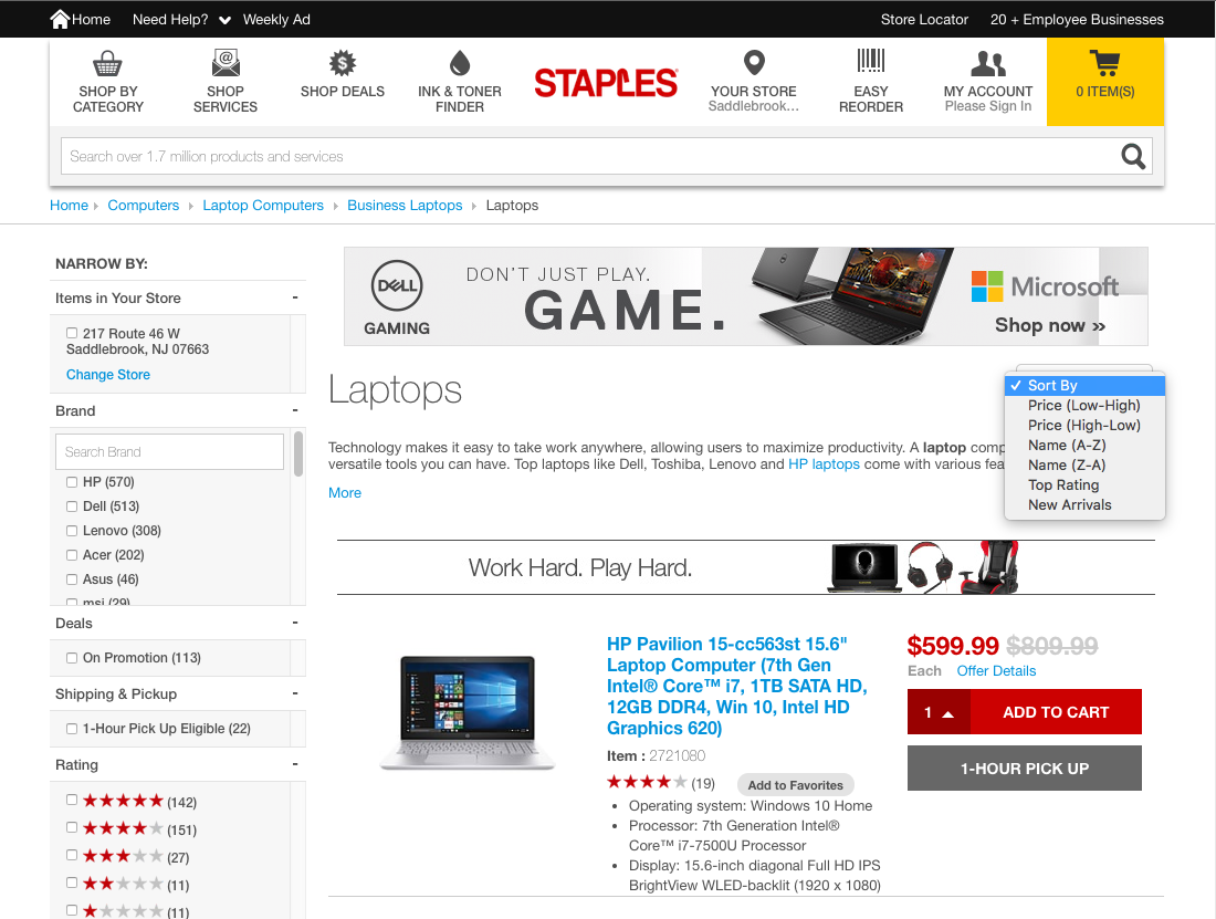 Staples’ Sorting Tool 285 of 371 Sorting Tool Examples Baymard
