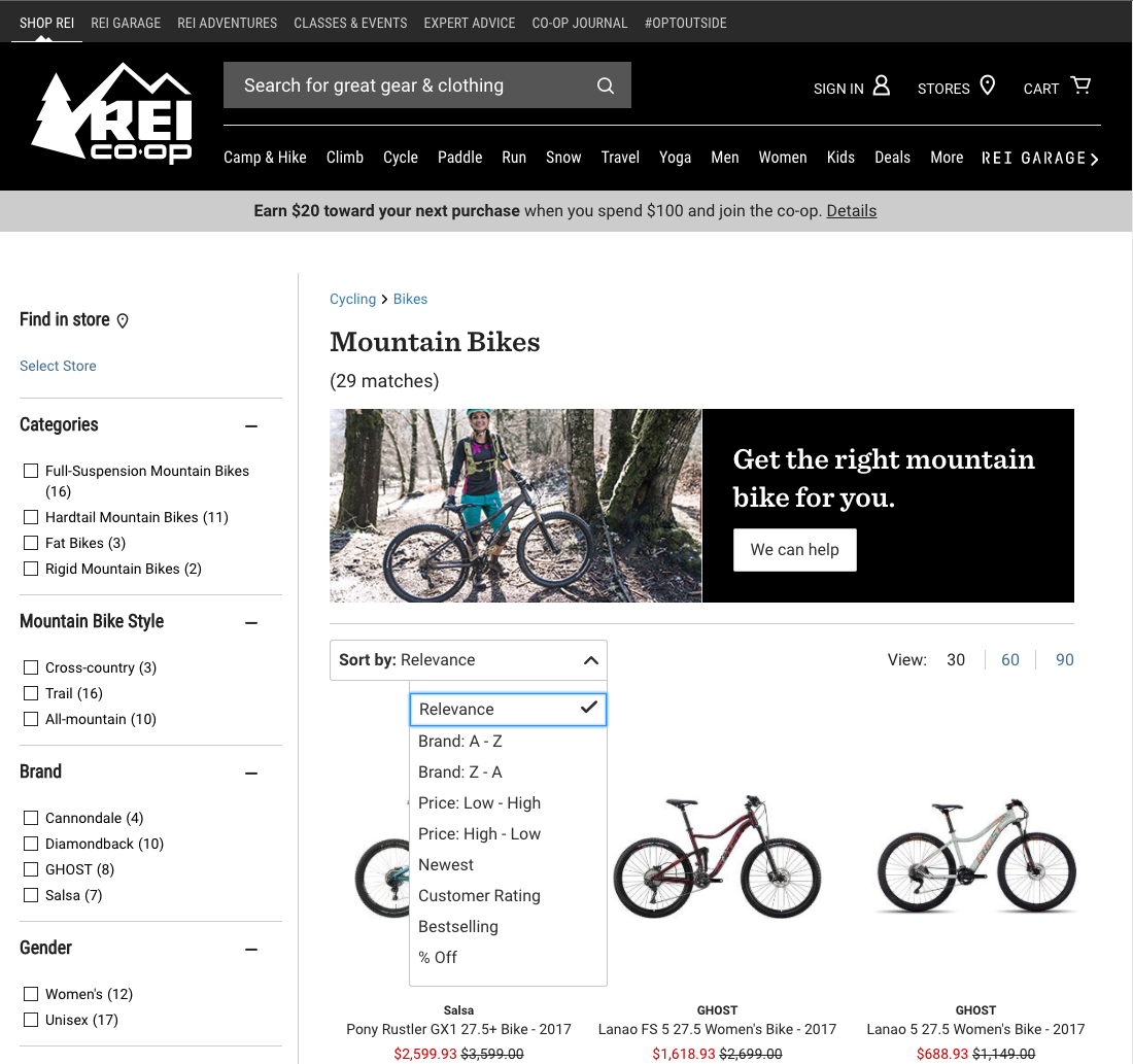 REI’s Sorting Tool 290 of 361 Sorting Tool Examples Baymard Institute