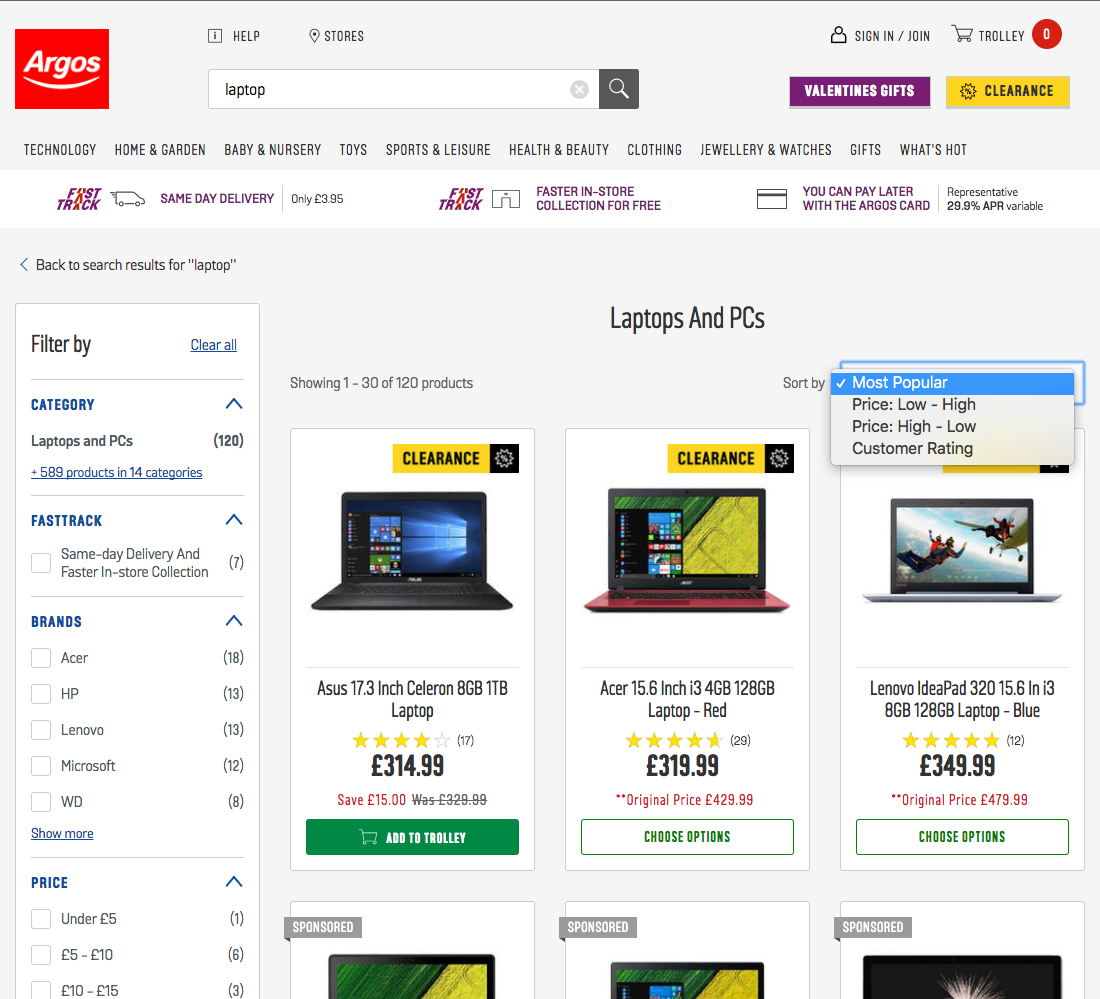 Argos’ Sorting Tool 374 of 473 Sorting Tool Examples Baymard Institute