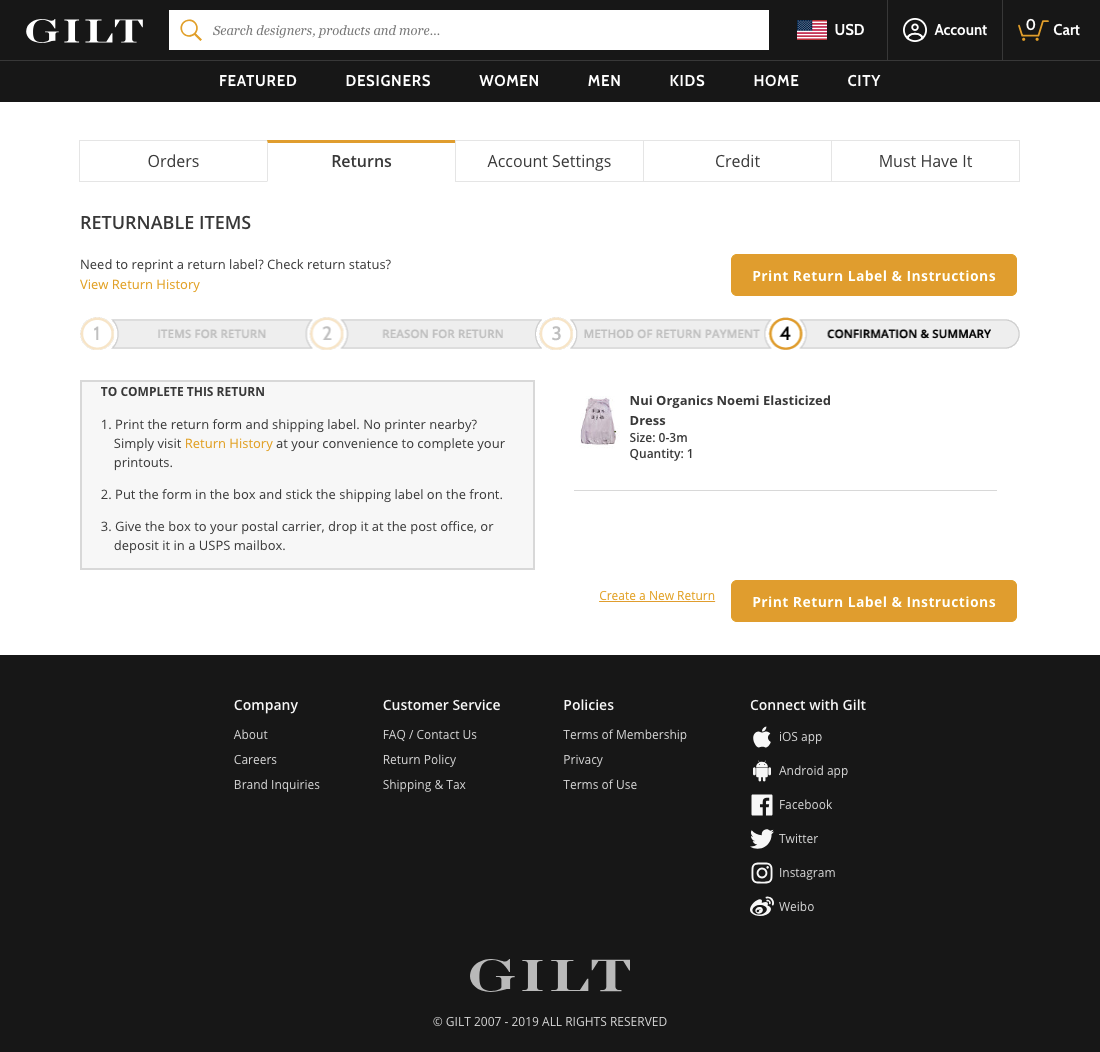 Gilt’s Order Returns 107 of 130 Order Returns Examples Baymard