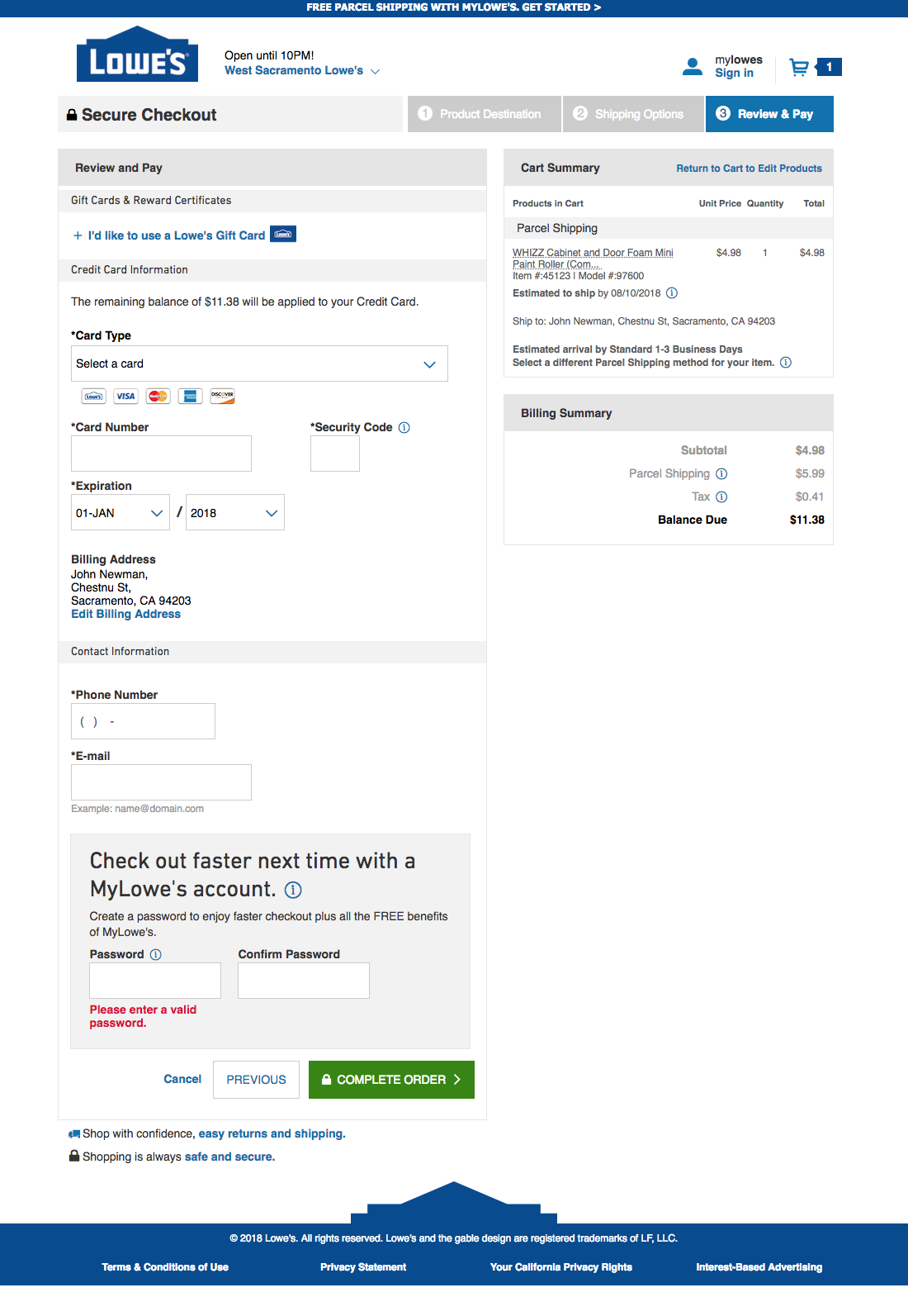 Lowe S Payment 747 Of 891 Payment Examples Baymard Institute   Lowe S Checkout Step 1 Billing Address Payment Order Review 