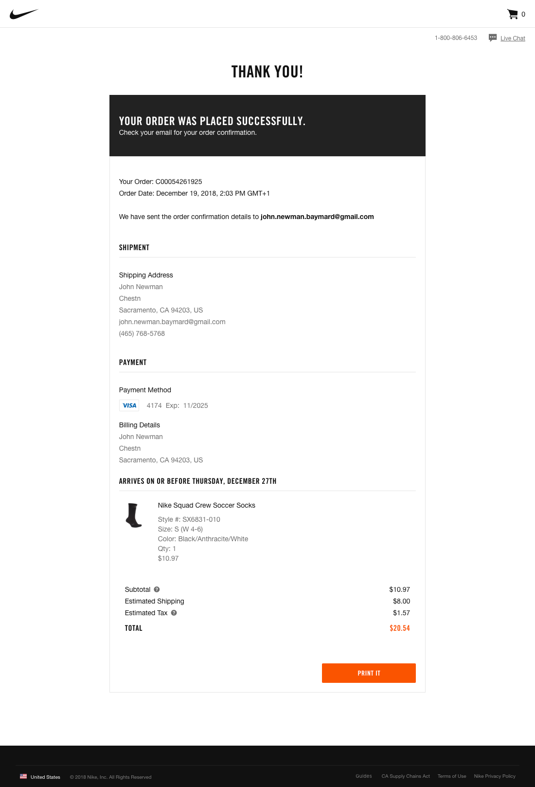 Nike's Receipt / Order Confirmation 