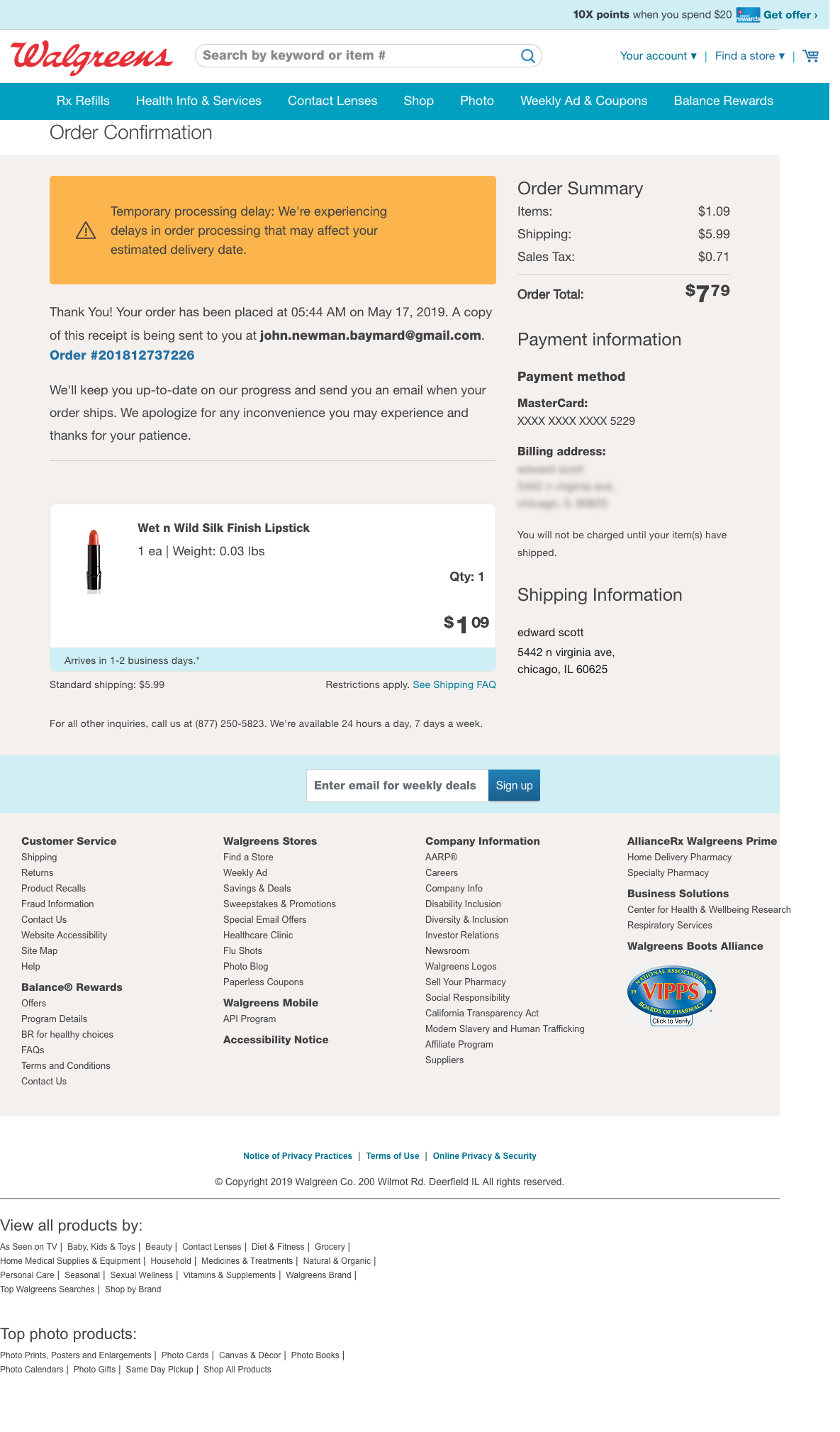 Walgreens’ Receipt / Order Confirmation 361 of 486 Receipt / Order