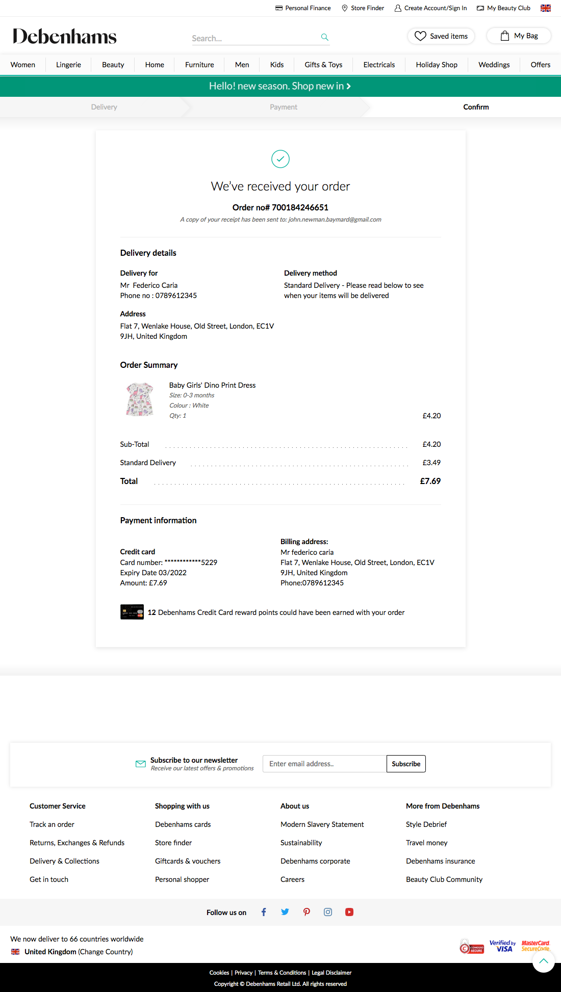 Debenhams’ Receipt / Order Confirmation 547 of 656 Receipt / Order