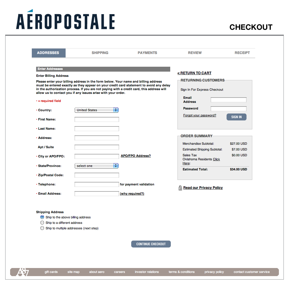 A Ropostale S E Commerce UX Case Study Baymard Institute   Aeropostale Checkout Step 2 Account Shipping Address Billing Address 