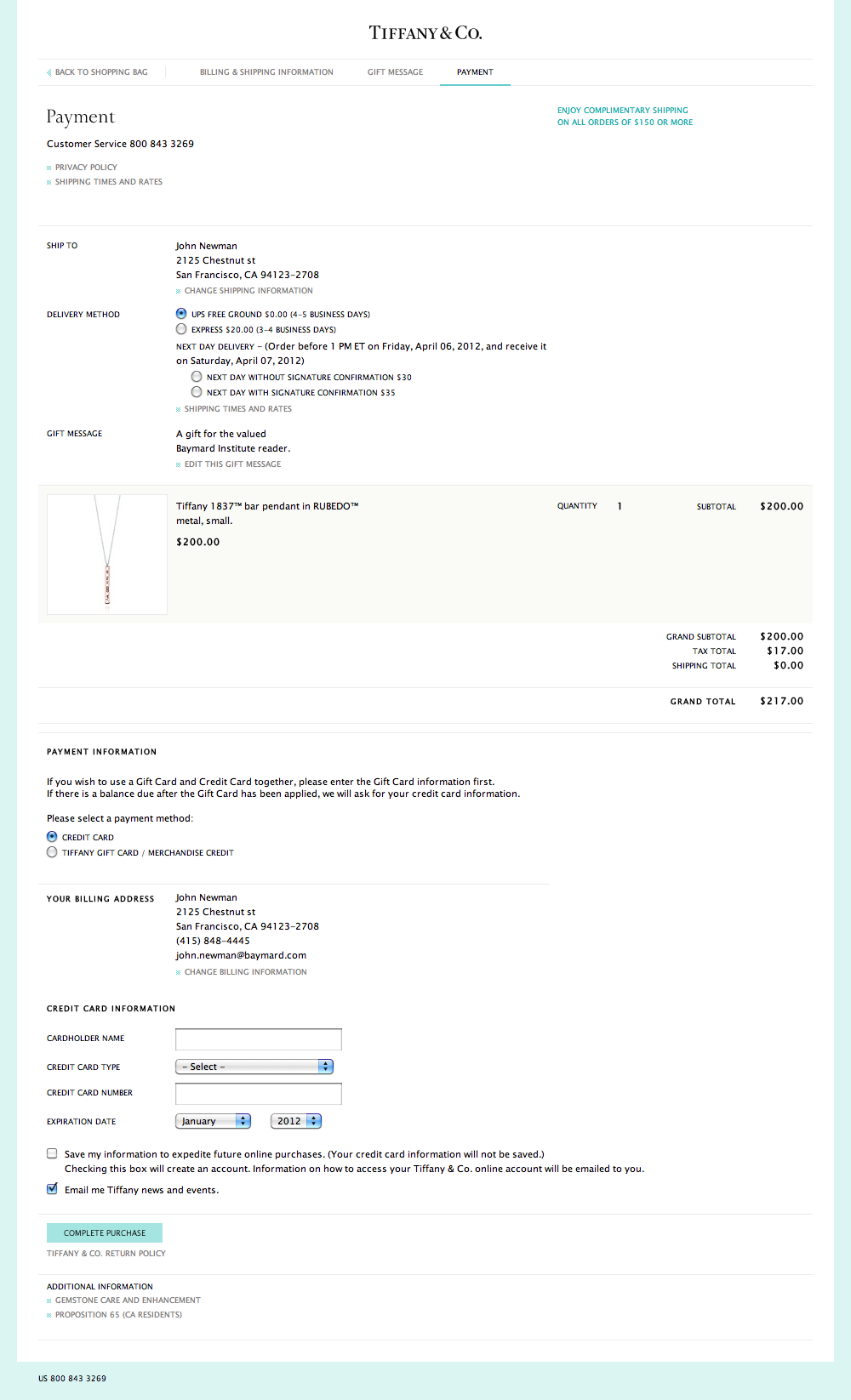 Tiffany’s Payment 892 of 915 Payment Examples Baymard Institute