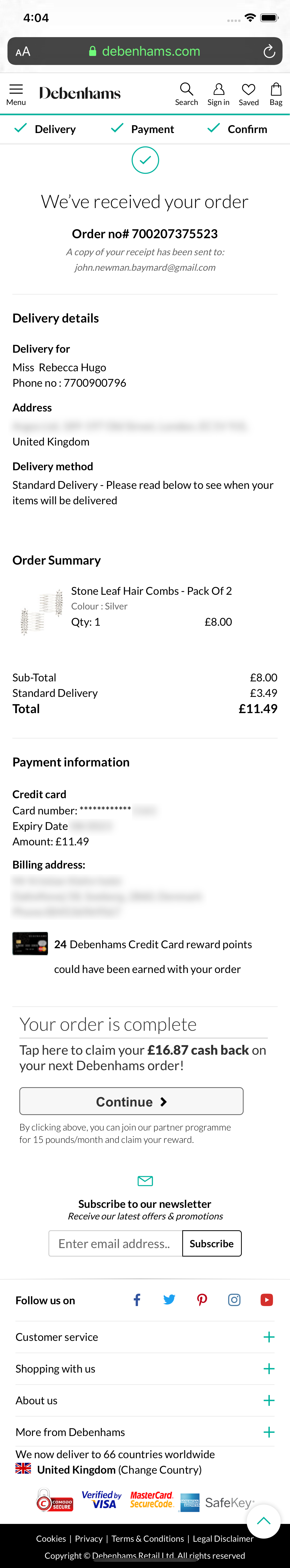 Debenhams’ Mobile Receipt / Order Confirmation 512 of 656 Receipt