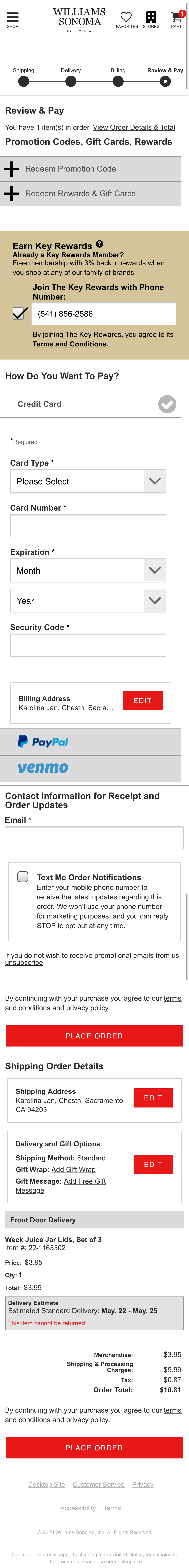 Williams Sonoma’s Mobile Payment 580 of 915 Payment Examples