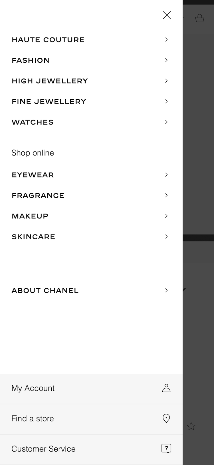Chanel's Mobile Main Navigation – 597 of 1023 Main Navigation Examples –  Baymard Institute
