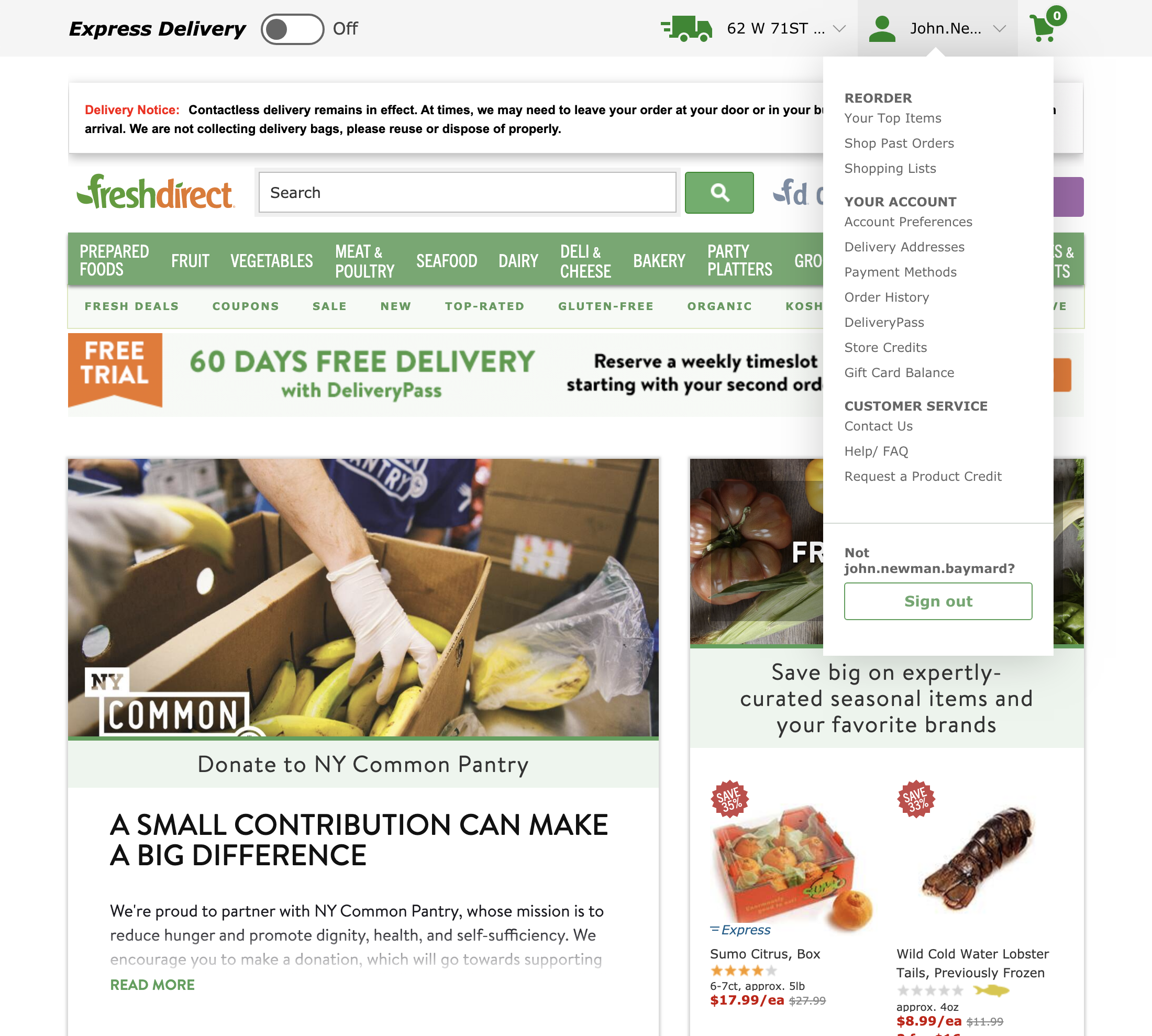 FreshDirect’s ‘My Account’ DropDown 164 of 214 ‘My Account’ Drop