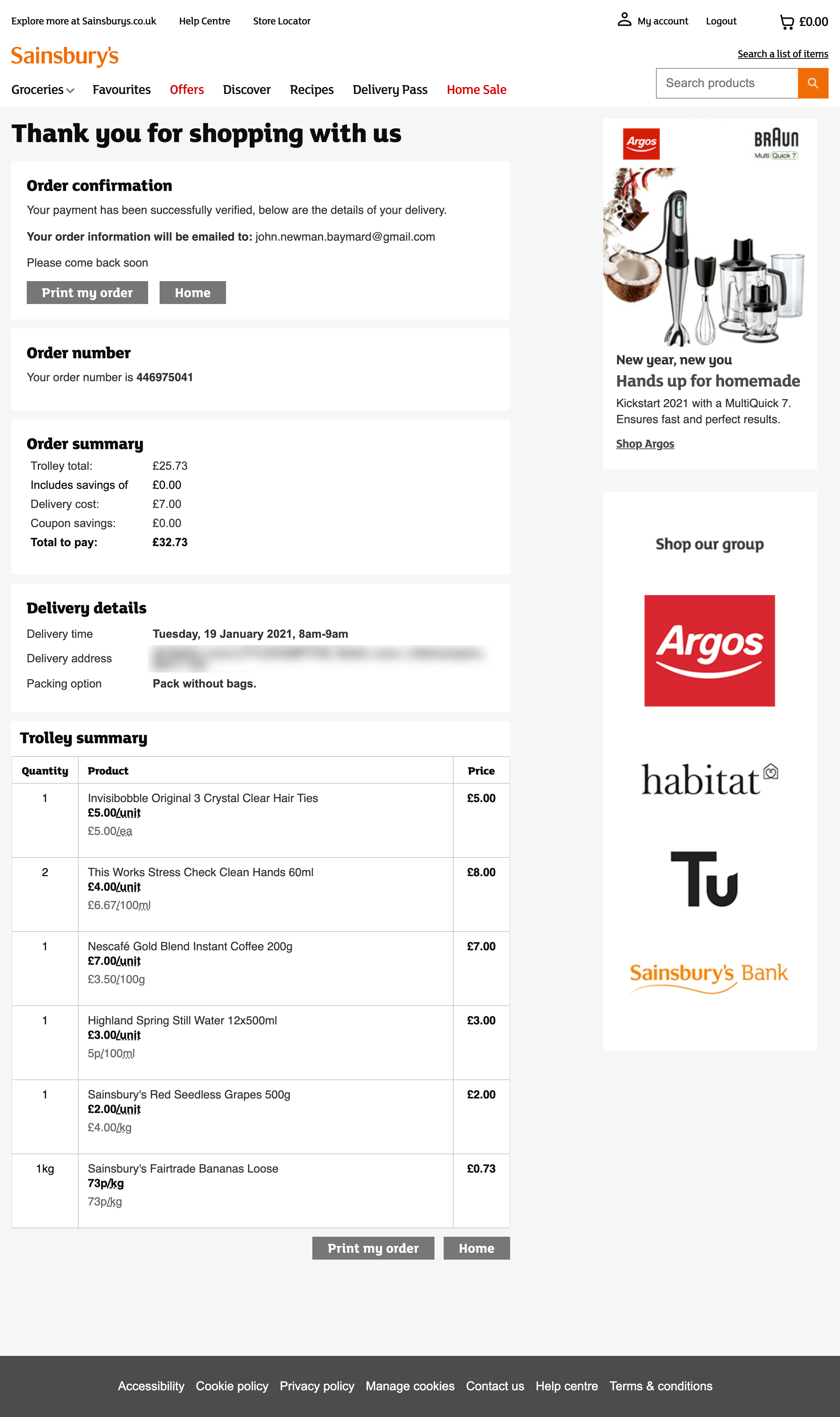 Sainsbury’s Receipt / Order Confirmation 458 of 656 Receipt / Order