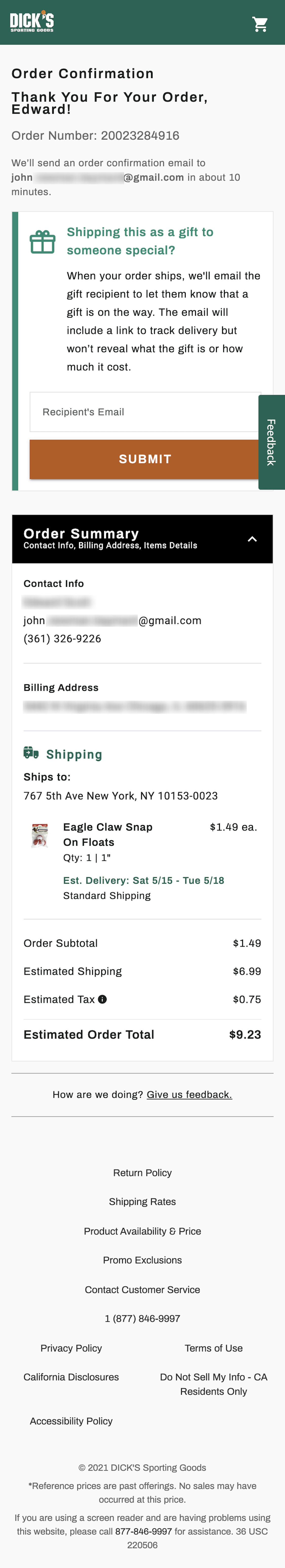 Dick’s Sporting Goods’ Mobile Receipt / Order Confirmation – 421 of 656 