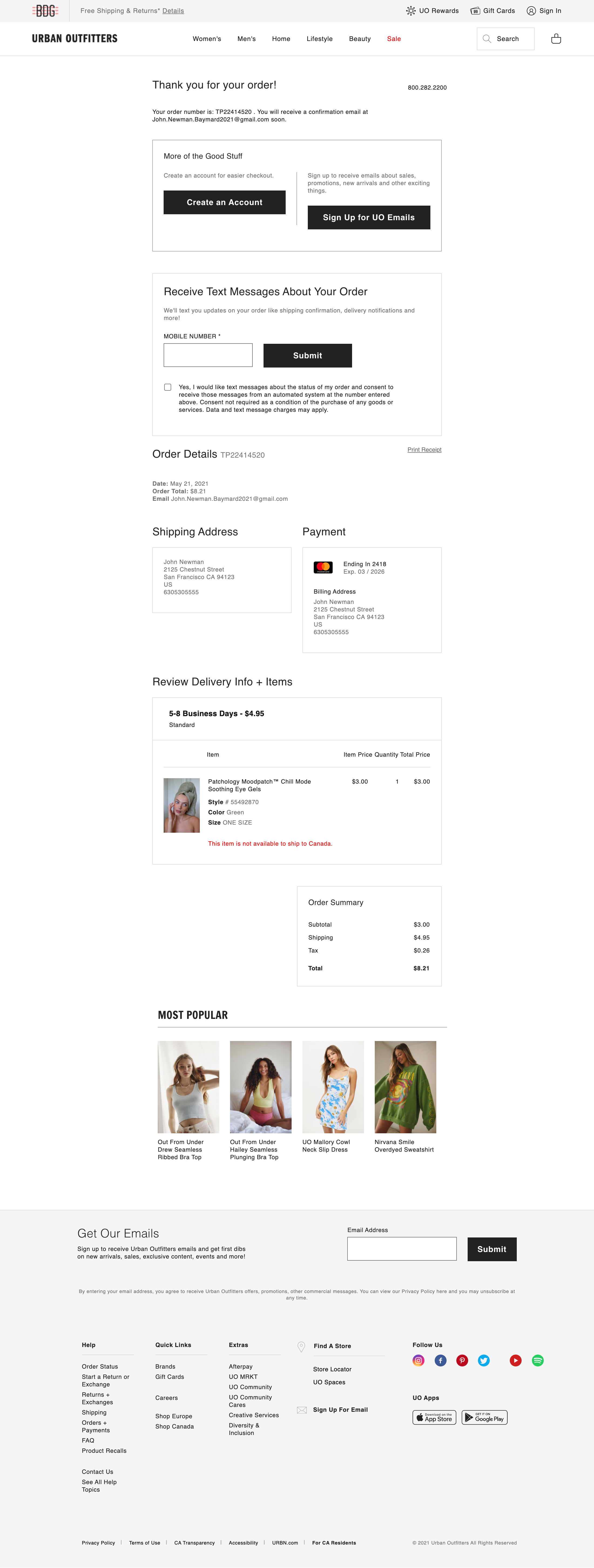 Urban Outfitters’ Receipt / Order Confirmation 226 of 504 Receipt / Order Confirmation